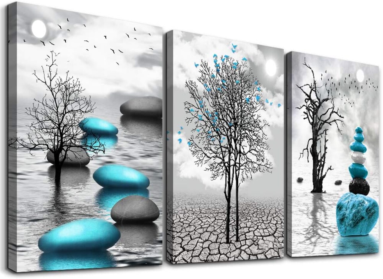 3 Piece Framed Canvas Art Prints Ready to Hang Inspirational Abstract Blue Pictures Home Decorations
